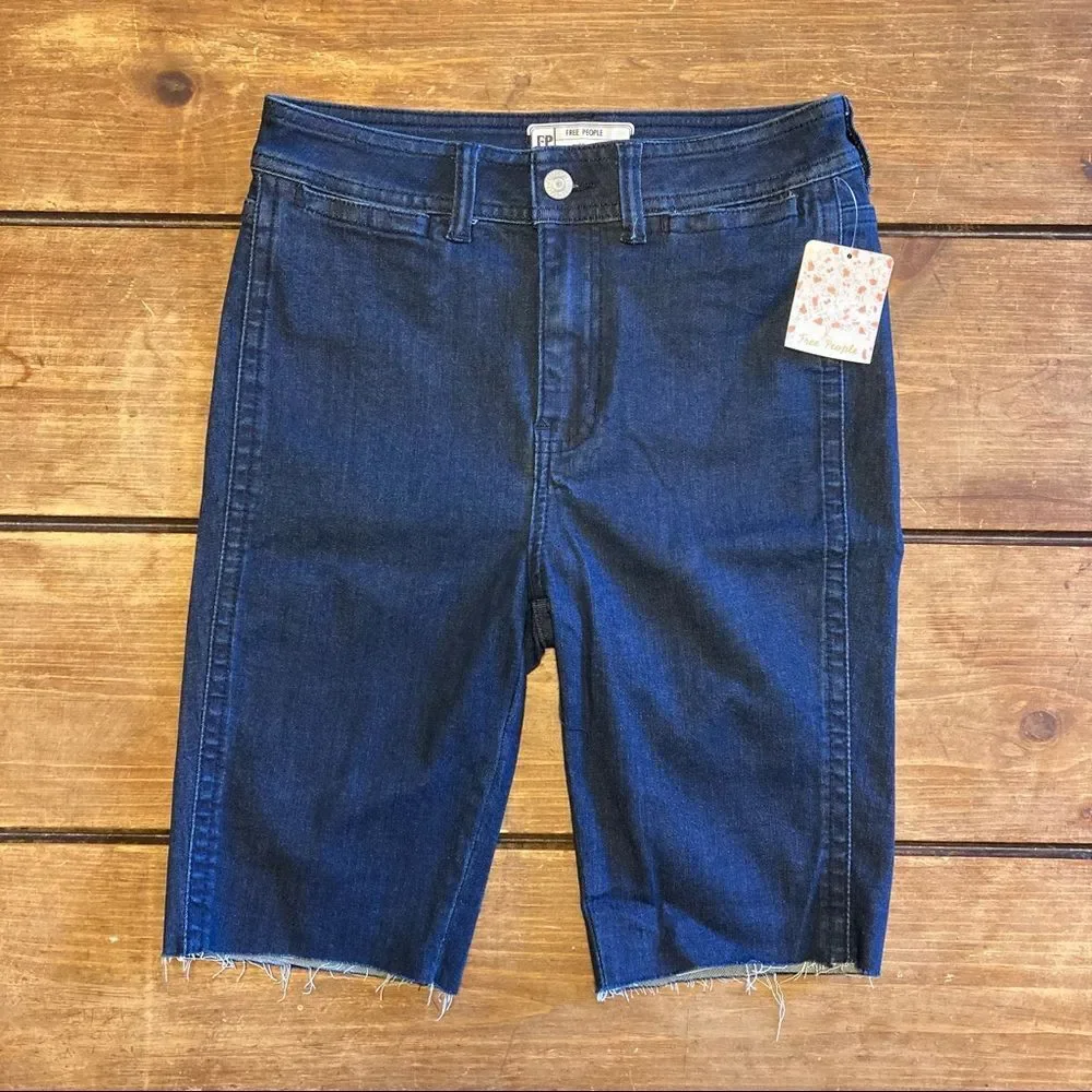 Free People Cut Off Denim Biker Shorts Size 26 NWT Dark Wash